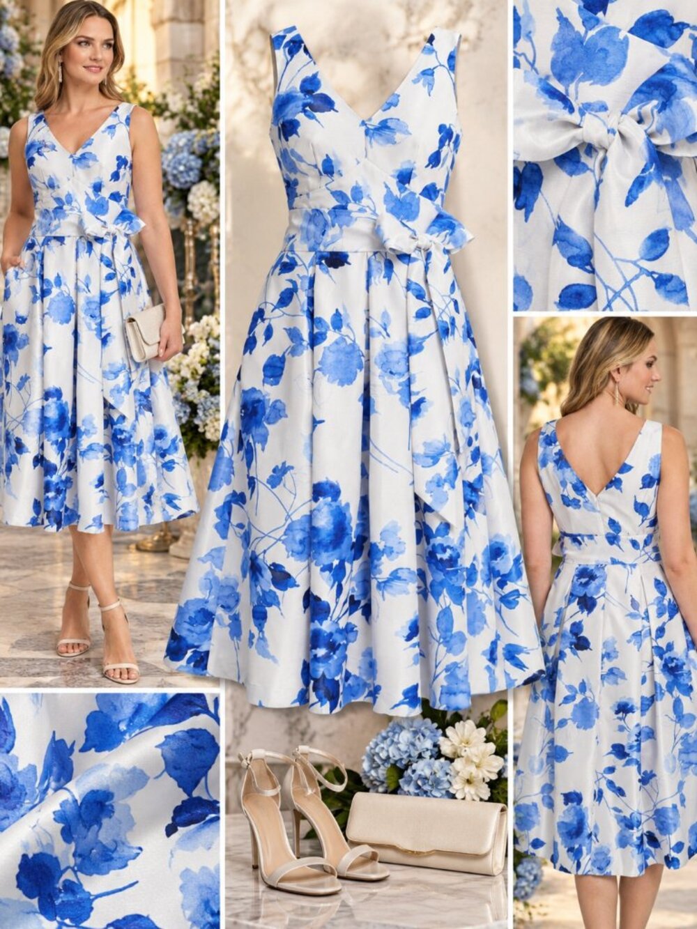 Jessica Howard Petite Blue Floral Satin Fit Flare Midi Dress 10P NWT